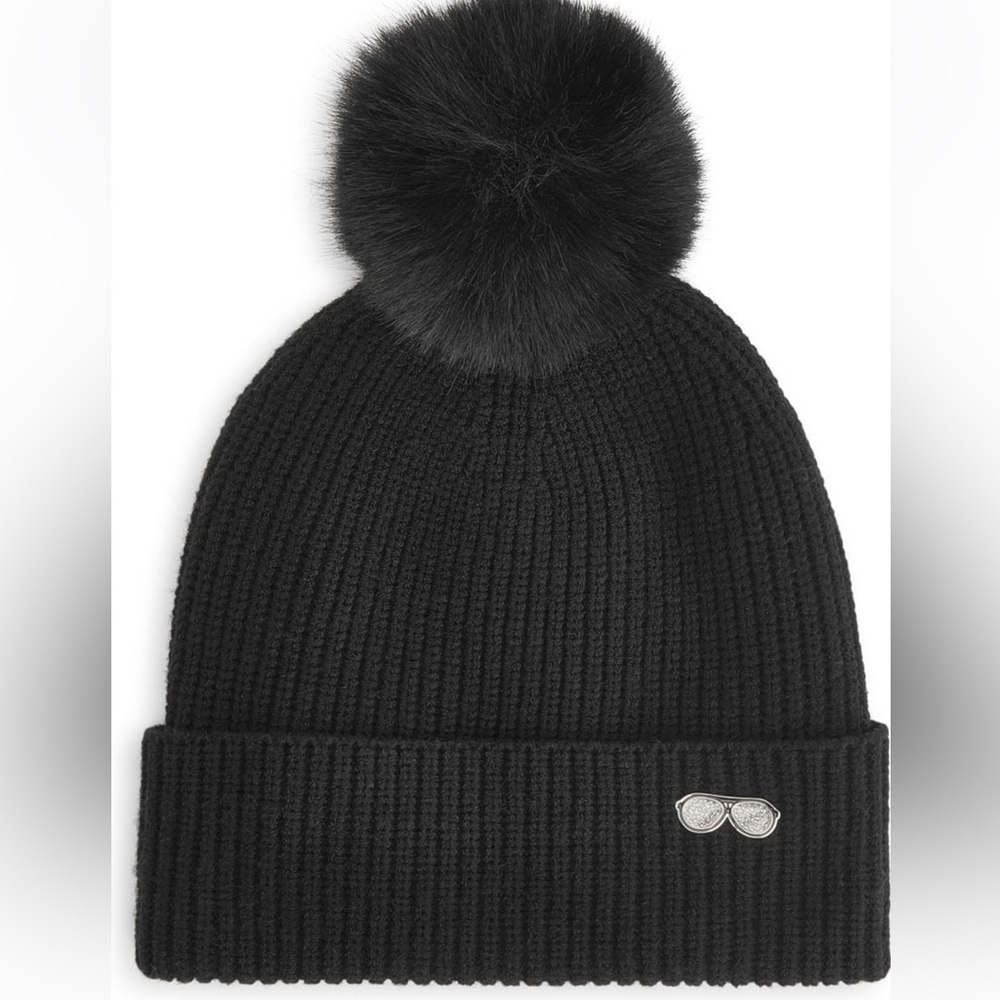 Black Pom-Pom ribbed sunglasses pin Beanie hat